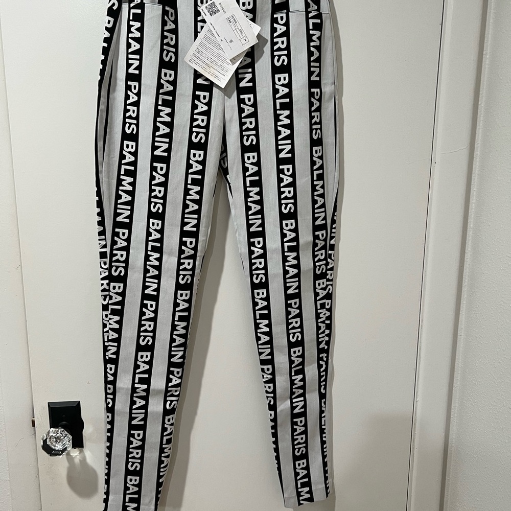 Balmain Paris Black and White Logo Stripe Pants size 36